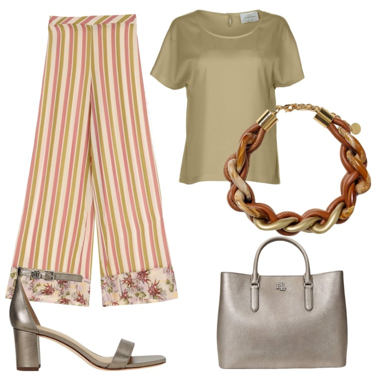 Outfit donna - Color sabbia ad agosto. Stile Trendy per Serata fuori. Abbinamento con pantaloni, borse a mano, sandali in pelle, collane, bluse.