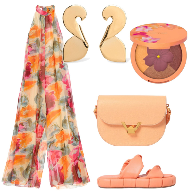 Outfit donna - Arancione al tramonto. Stile Trendy per Serata fuori. Abbinamento con ombretti, tute, sandali, orecchini, borse a tracolla.