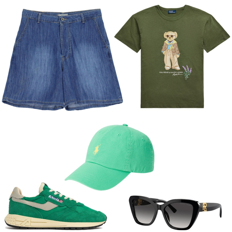 Outfit donna - Accessori estivi. Stile Basic per Tutti i giorni. Abbinamento con shorts, occhiali da sole, cappelli, t-shirt, sneakers.