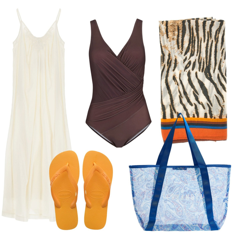 Outfit donna - Costume intero brown. Stile Basic per Mare. look ideale per Petite. Abbinamento con costumi interi, shopping bag, vestiti, vestiti da spiaggia, infradito.