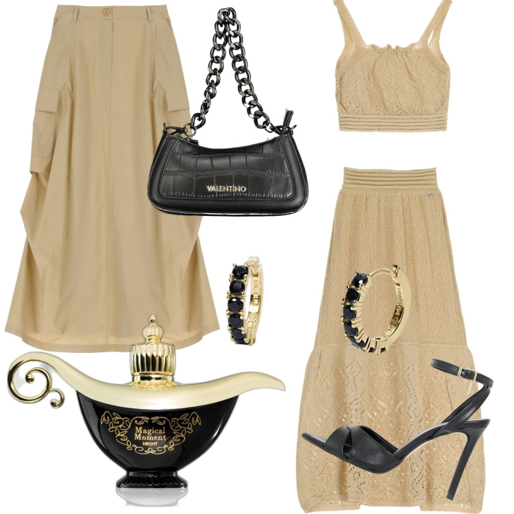 Outfit donna - 2 gonne, stesso top. Stile Sexy per Serata fuori. Abbinamento con profumi, orecchini, top, décolleté, gonne lunghe, borse a spalla.