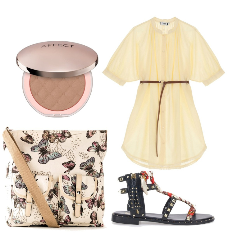Outfit donna - Total look estivo. Stile Boho per Mare. Abbinamento con borse a tracolla, terre, vestiti corti, sandali.