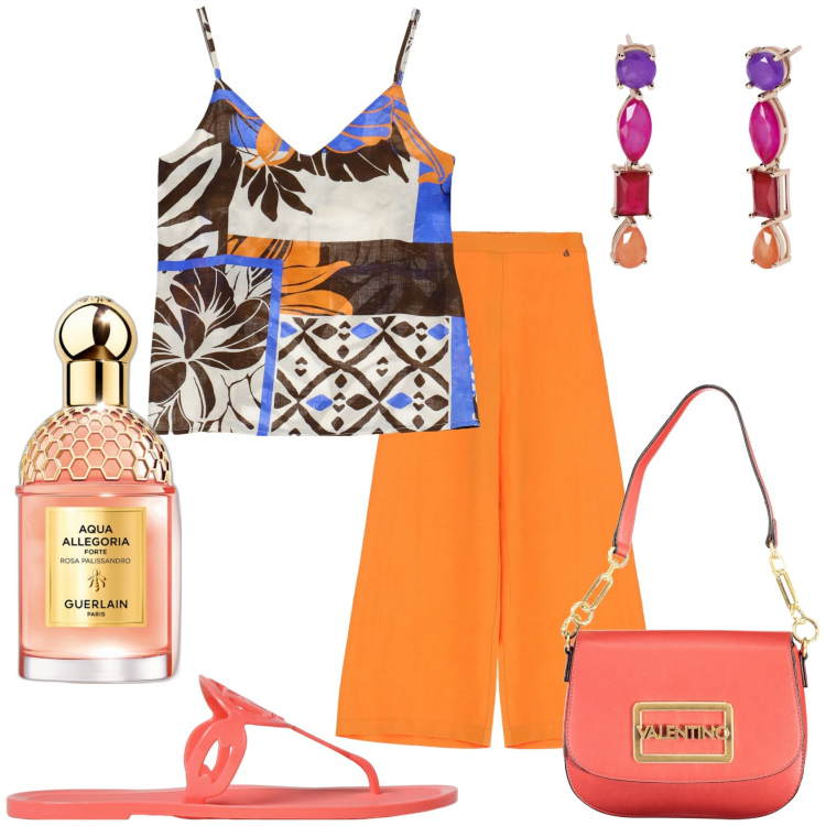 Outfit donna - Per la serata estiva. Stile Glamour per Serata fuori. Abbinamento con profumi, orecchini, pantaloni a palazzo, canottiere, borse a spalla, ciabatte.