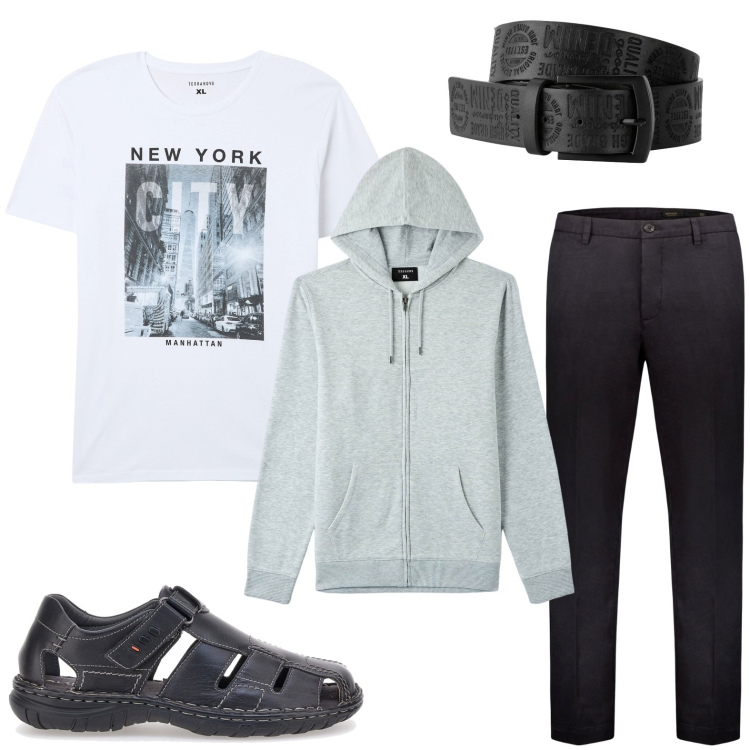 Outfit uomo - T-shirt N.Y.C.. Stile Casual per Tutti i giorni. Abbinamento con cinture, t-shirt, felpe con cappuccio, scarpe stringate, pantaloni.