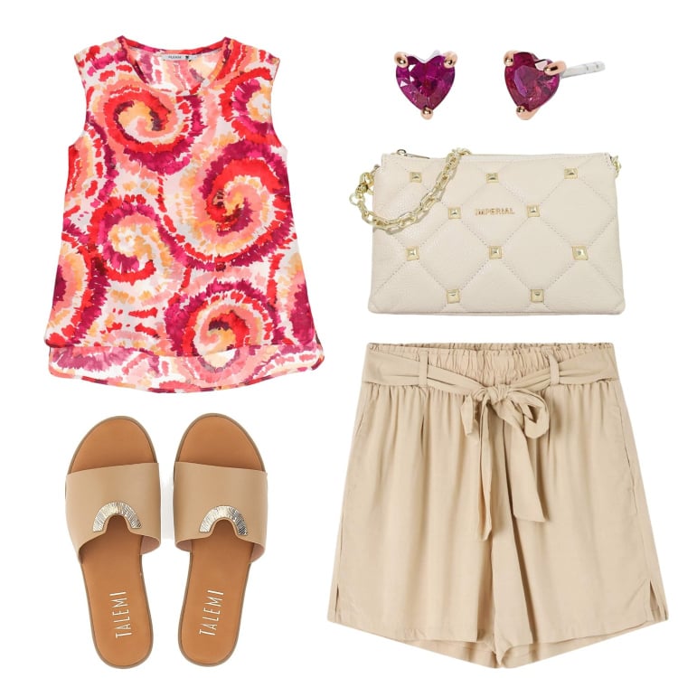 Outfit donna - Al mare come in città. Stile Basic per Tutti i giorni. Abbinamento con canottiere, shorts, orecchini, pochette, ciabatte.