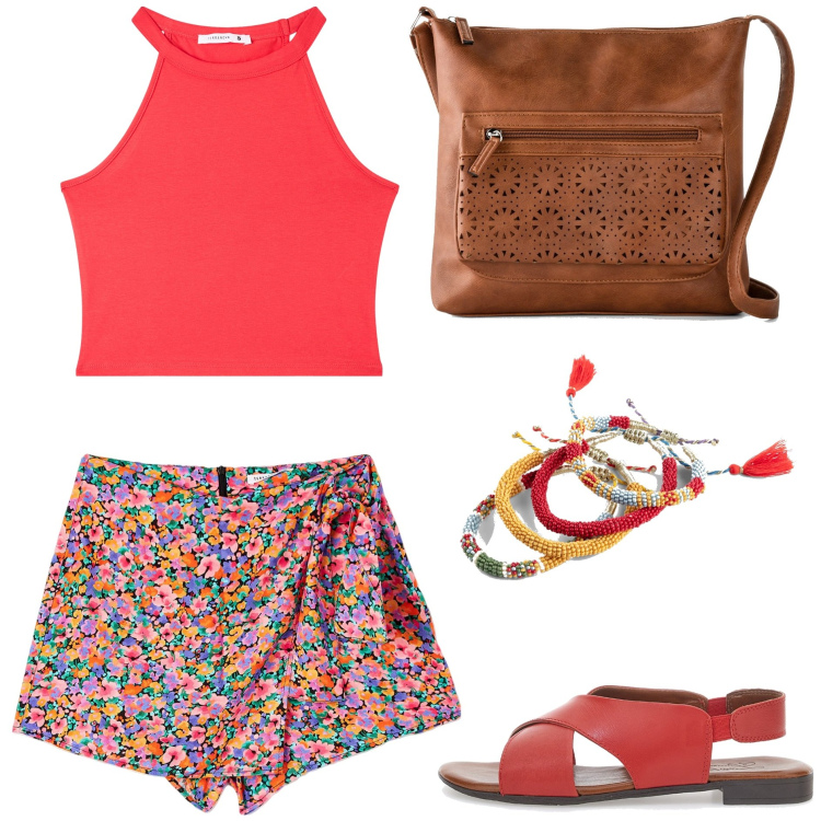 Outfit donna - La gonna pantalone. Stile Preppy per Tutti i giorni. Abbinamento con borse a tracolla, braccialetti, gonne, canottiere, sandali in pelle.