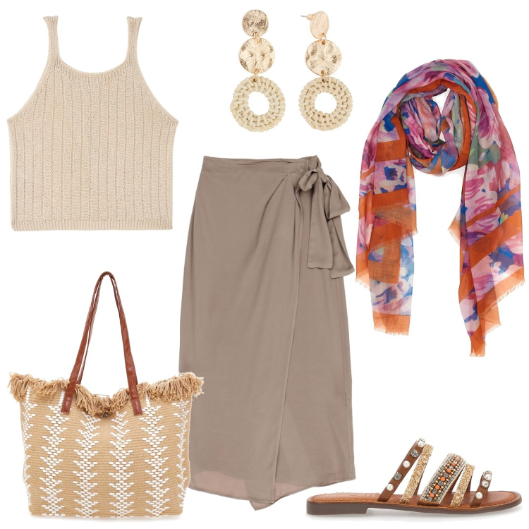 Outfit donna - Color sabbia per l\'estate. Stile Trendy per Tutti i giorni. Abbinamento con orecchini, top, gonne lunghe, ciabatte, sciarpe, borse a spalla.