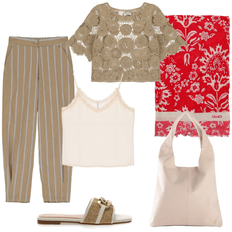 Outfit donna - Color sabbia per l\'estate!. Stile Casual chic per Tutti i giorni. Abbinamento con shopping bag, top, maglieria, pantaloni, sciarpe, ciabatte.