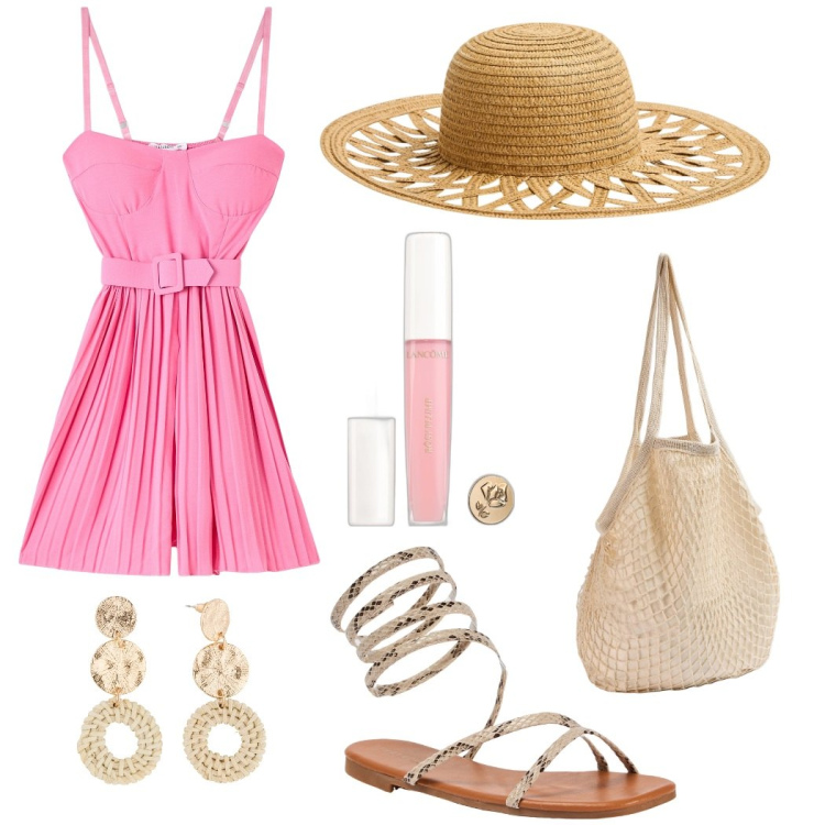 Outfit donna - Aperitivo in spiaggia. Stile Casual chic per Mare. Abbinamento con orecchini, gloss, borse a spalla, tute, sandali, cappelli.