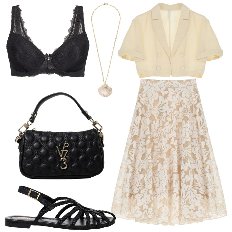 Outfit donna - Color sabbia. Stile Glamour per Tutti i giorni. Abbinamento con reggiseni, blazer, gonne longuette, sandali, collane, borse a mano.