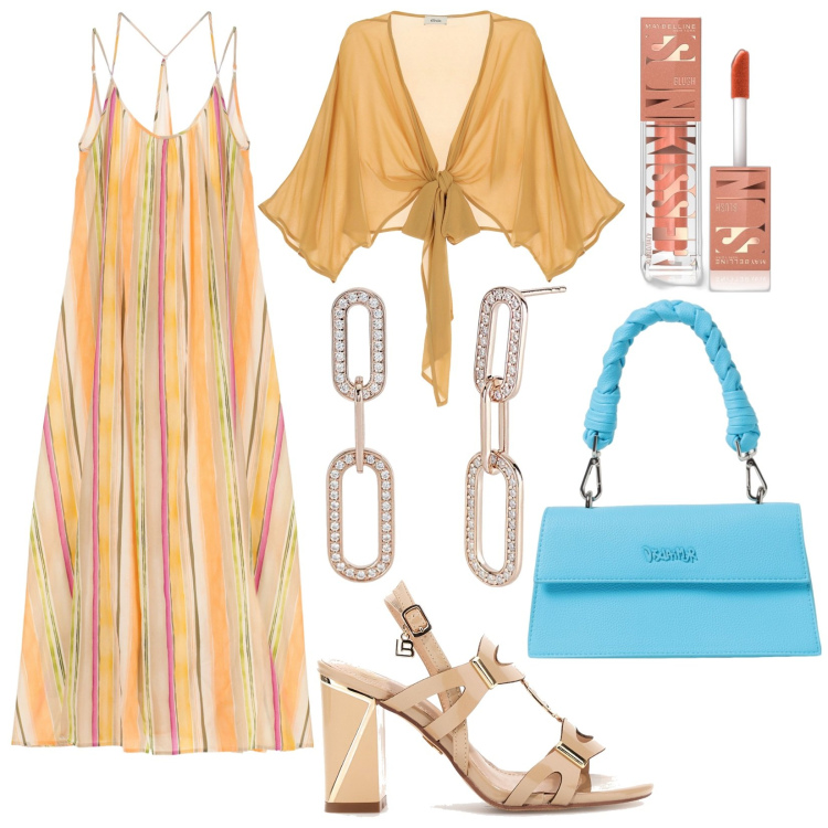 Outfit donna - Party d\'estate. Stile Glamour per Cerimonia. Abbinamento con blush, orecchini, vestiti lunghi, cardigans, sandali col tacco, borse a spalla.