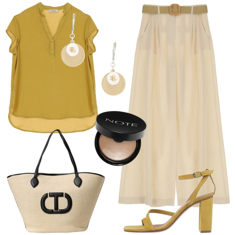 Outfit donna - Sabbia & curry per agosto. Stile Chic per Serata fuori. Abbinamento con ombretti, sandali in pelle, pantaloni a palazzo, bluse, orecchini, borse tote.