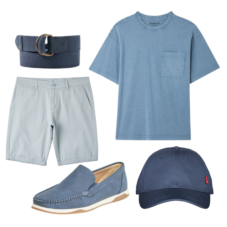 Outfit uomo - Con i colori del mare. Stile Casual per Tutti i giorni. Abbinamento con t-shirt, scarpe stringate, bermuda, cappelli con visiera, cinture.