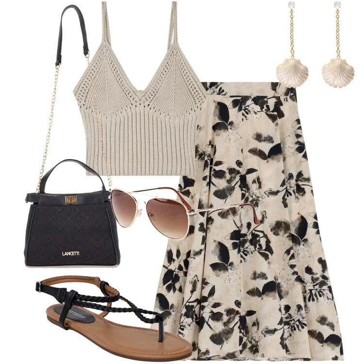 Outfit donna - Follow me. Stile Casual chic per Tutti i giorni. Abbinamento con occhiali da sole, ciabatte, top, gonne lunghe, orecchini, borse a tracolla.