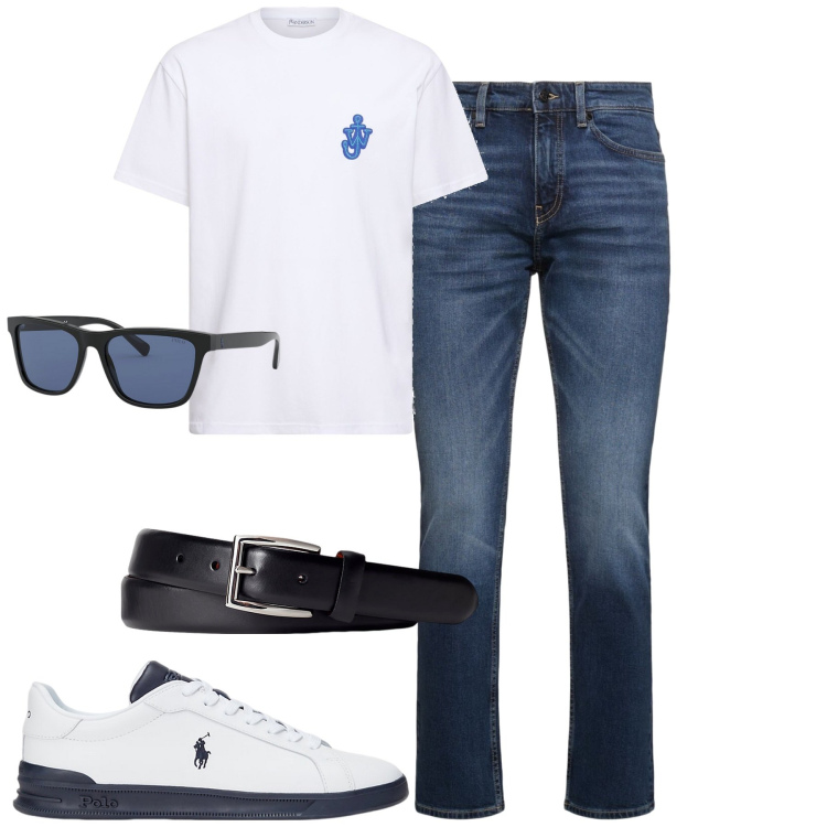 Outfit uomo - Positive mindset. Stile Urban per Tutti i giorni. Abbinamento con cinture, occhiali da sole, sneakers, t-shirt, jeans.