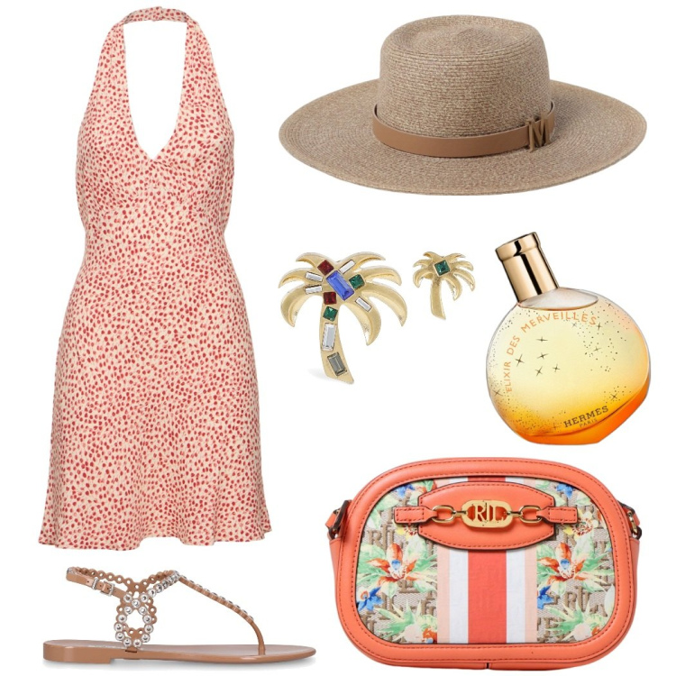 Outfit donna - Passeggiando sul pontile. Stile Basic per Tutti i giorni. Abbinamento con profumi, sandali, borse a spalla, orecchini, vestiti corti, cappelli.