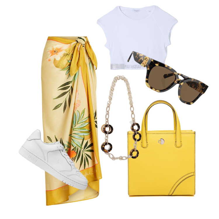 Outfit donna - Ghost outfitter - agosto. Stile Casual per Tutti i giorni. Abbinamento con occhiali da sole, gonne, sneakers, shopping bag, top, collane.