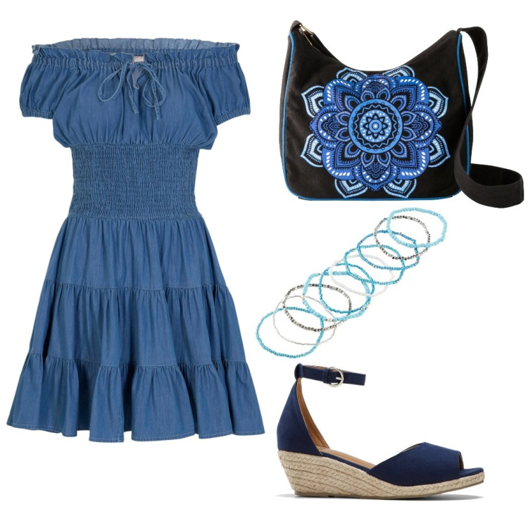 Outfit donna - Mattina al mercato. Stile Basic per Tutti i giorni. Abbinamento con braccialetti, vestiti corti, sandali, borse a tracolla.