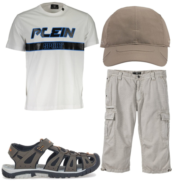 Outfit uomo - Total look #1931886. Stile Trendy per Tutti i giorni. Abbinamento con bermuda, t-shirt, sandali, cappelli.