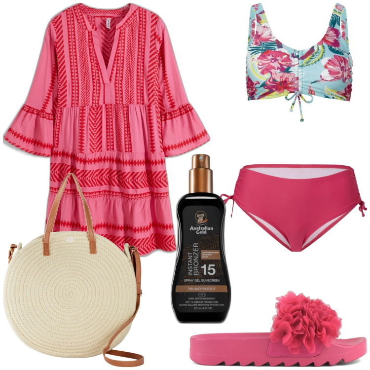 Outfit donna - To the beach. Stile Romantica per Mare. Abbinamento con vestiti corti, bikini, borse a tracolla, terre, ciabatte.