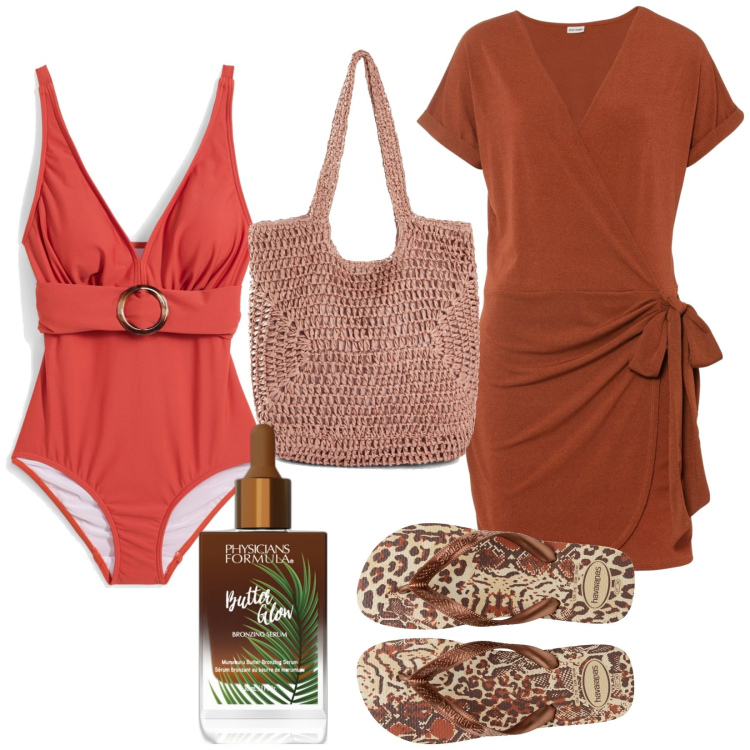 Outfit donna - Tintarella. Stile Etnico per Mare. Abbinamento con costumi interi, vestiti, shopping bag, terre, ciabatte.