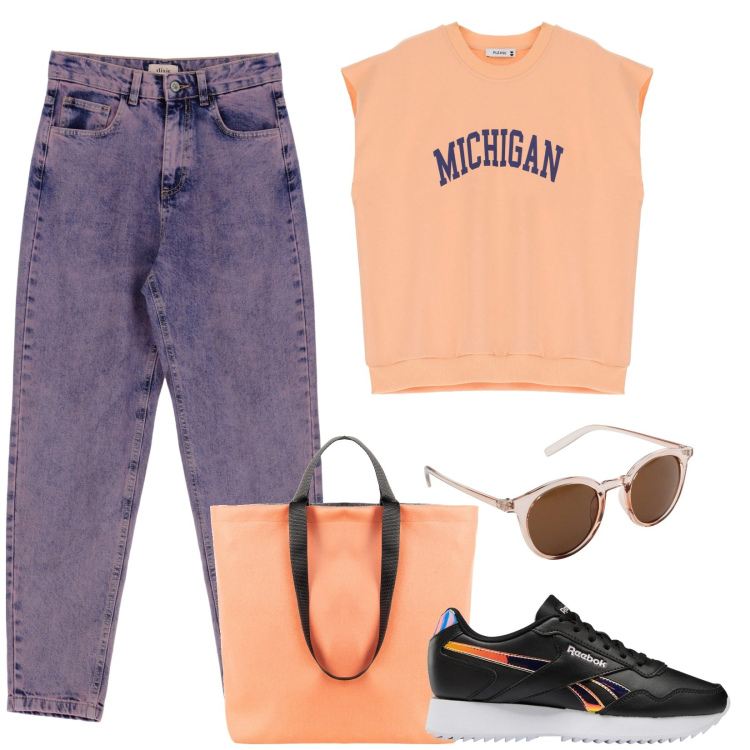 Outfit donna - Sfumature al tramonto. Stile Casual per Tutti i giorni. Abbinamento con occhiali da sole, borse tote, felpe, jeans slim fit, sneakers.
