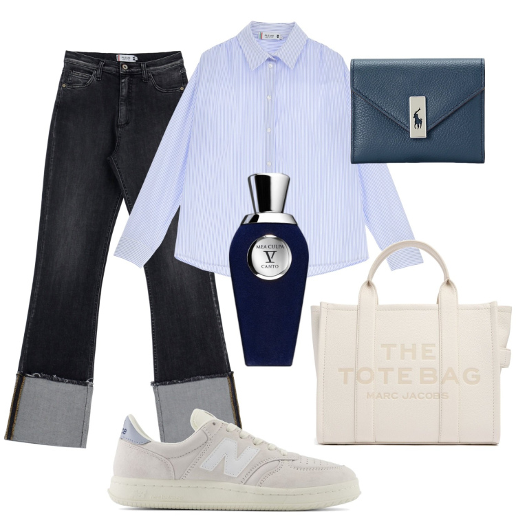 Outfit donna - The Tote. Stile Casual per Tutti i giorni. Abbinamento con profumi, jeans dritti, camicie, sneakers, portafogli, shopping bag.