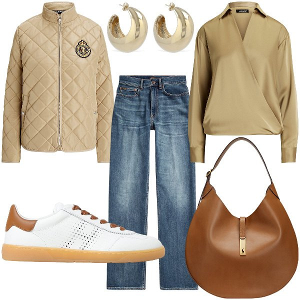 Outfit donna - Total look #1931925. Stile Casual per Ufficio. Abbinamento con borse a spalla, camicie, giacche, jeans dritti, sneakers, orecchini.