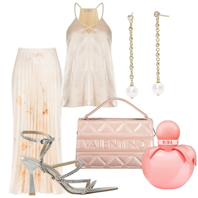 Outfit donna - La gonna in raso per la sera. Stile Chic per Serata fuori. Abbinamento con profumi, orecchini, gonne longuette, top, borse a spalla, sandali col tacco.