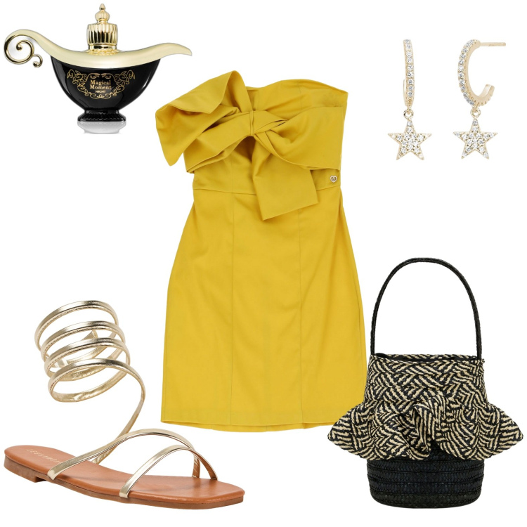 Outfit donna - Esprimi un desiderio. Stile Etnico per Mare. Abbinamento con profumi, sandali, orecchini, vestiti corti, borse a secchiello.