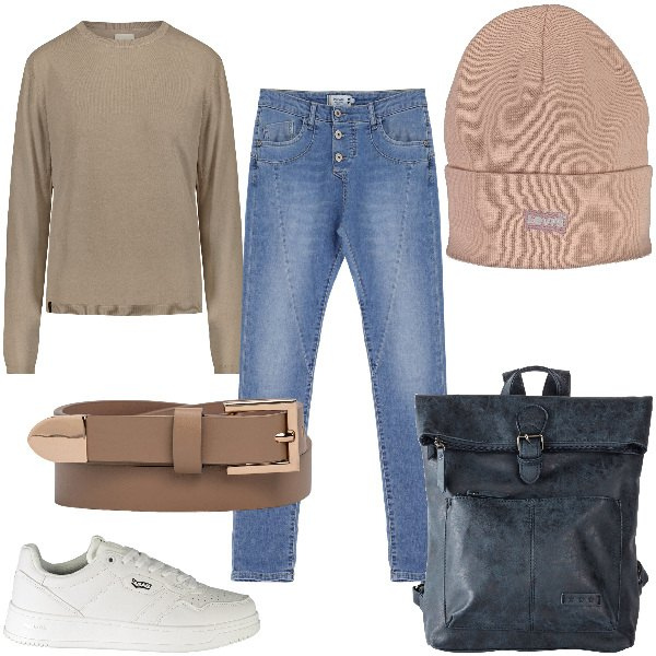 Outfit donna - Total look #1931941. Stile Urban per Scuola/Università. Abbinamento con zaini, jeans, cinture, sneakers, pullovers, berretti.