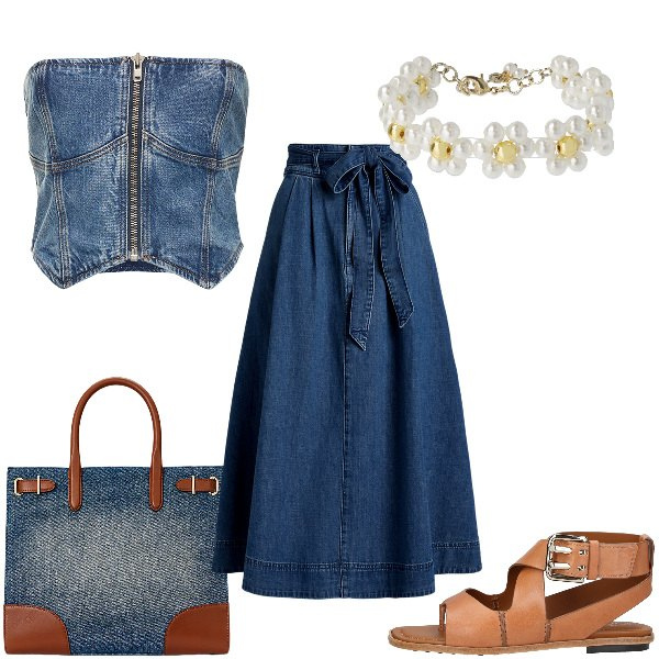 Outfit donna - Total look #1931947. Stile Trendy per Serata fuori. Abbinamento con infradito, gonne, borse tote, braccialetti, top.