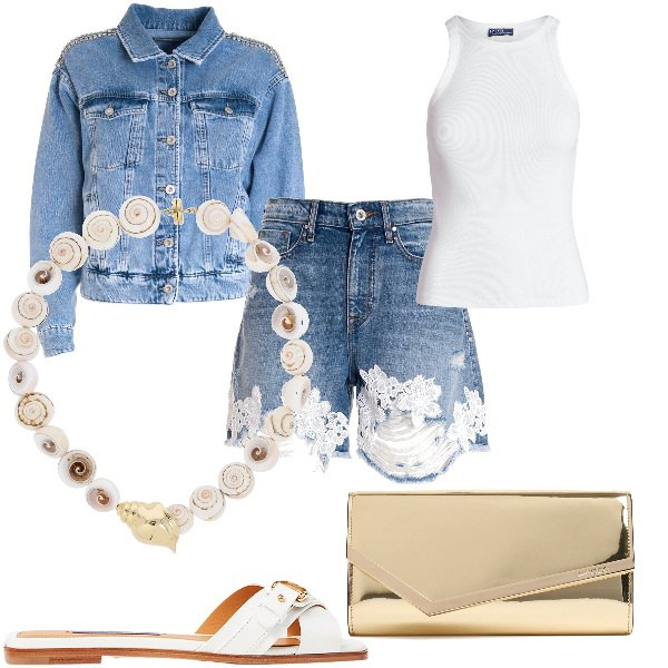 Outfit donna - Total look #1931948. Stile Casual chic per Serata fuori. Abbinamento con pantaloni corti, giacche, canottiere, sandali col tacco, pochette, collane.