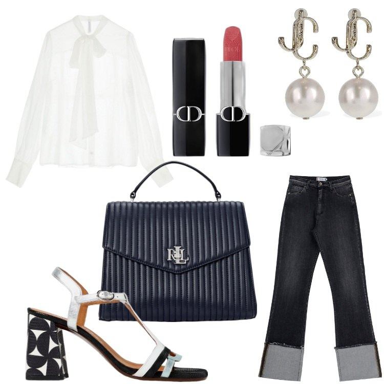 Outfit donna - Chic in jeans. Stile Chic per Serata fuori. Abbinamento con rossetti, jeans dritti, camicie, borse a mano, sandali col tacco, orecchini.