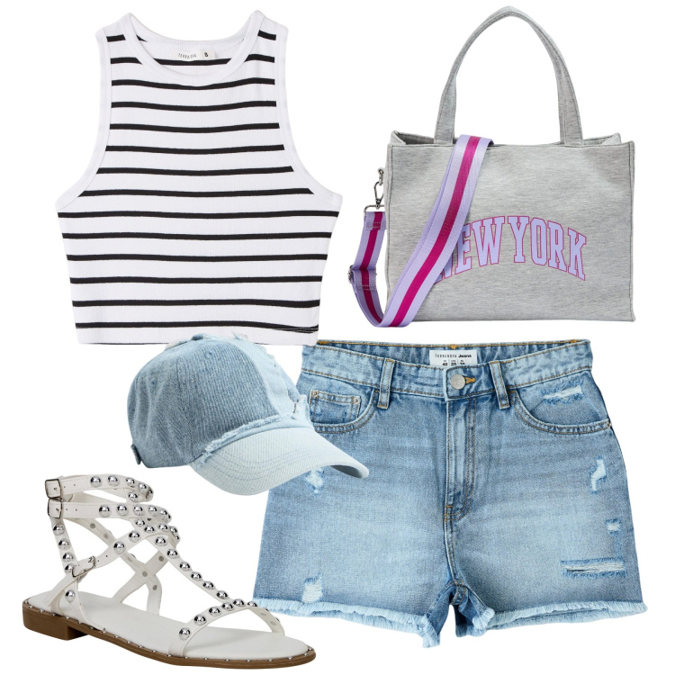 Outfit donna - Young people. Stile Casual per Mare. Abbinamento con shorts, shopping bag, cappelli, top, sandali.