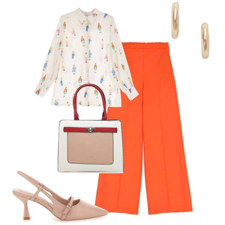 Outfit donna - Una serata fresca. Stile Casual chic per Serata fuori. Abbinamento con pantaloni a palazzo, camicie, orecchini, décolleté, borse a spalla.