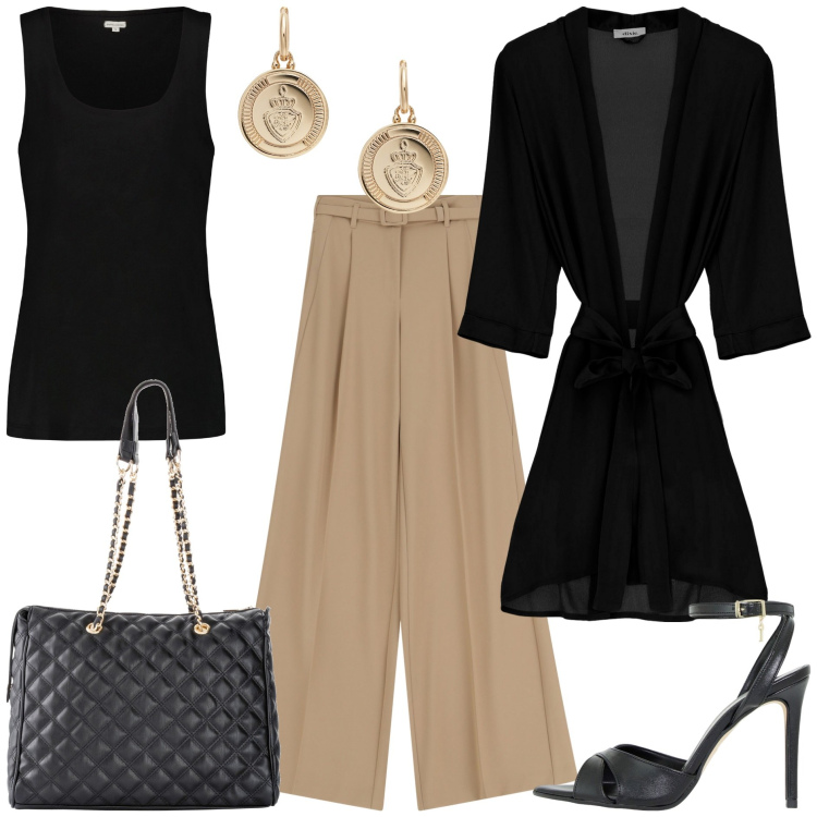 Outfit donna - In ufficio con aria condizionata. Stile Trendy per Ufficio. Abbinamento con shopping bag, pantaloni a palazzo, décolleté, cardigans, orecchini, canottiere.