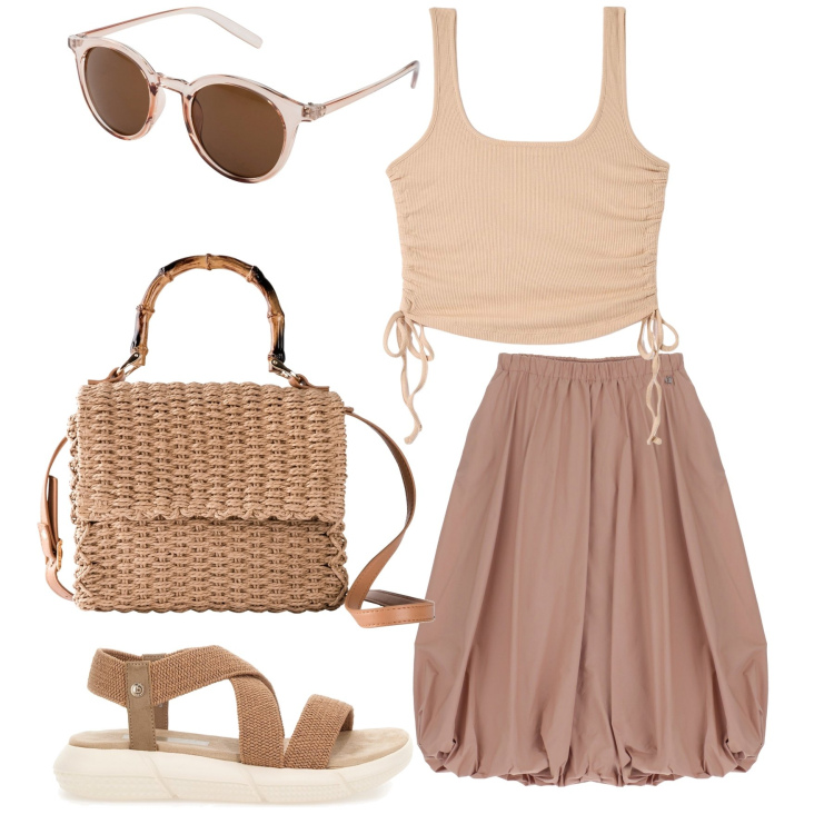 Outfit donna - Palloncino. Stile Preppy per Tutti i giorni. Abbinamento con occhiali da sole, borse a mano, canottiere, gonne longuette, sandali.