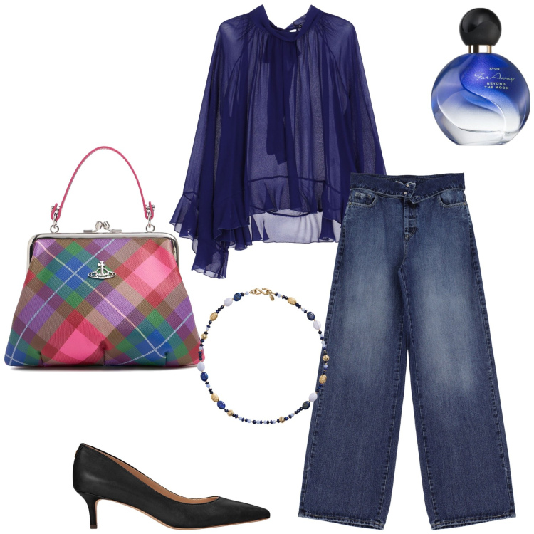 Outfit donna - Blu notte e un tocco glamour. Stile Chic per Serata fuori. Abbinamento con profumi, jeans, camicie, décolleté, collane, borse a mano.