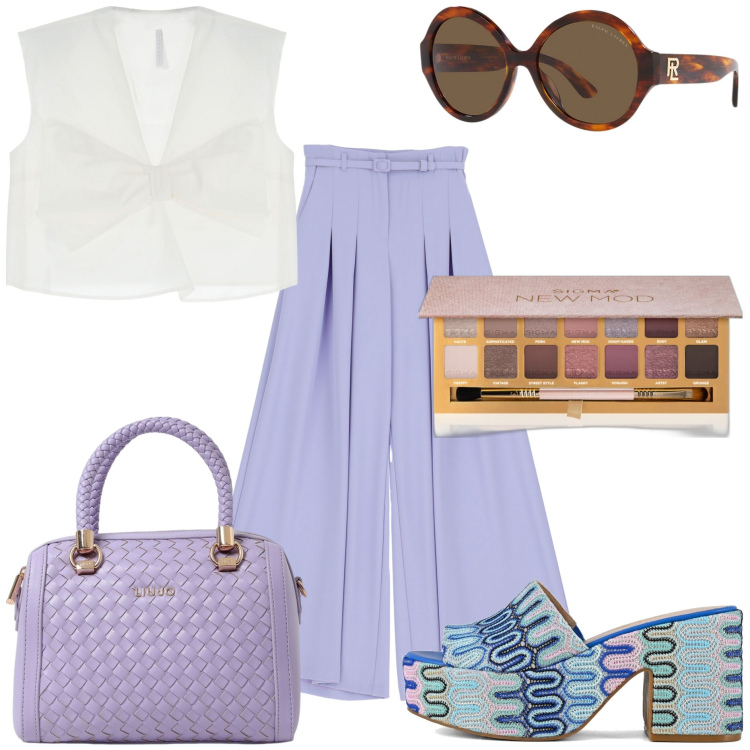 Outfit donna - Ufficio trendy. Stile Trendy per Tutti i giorni. Abbinamento con ombretti, pantaloni a palazzo, top, occhiali da sole, sabot, borse a mano.