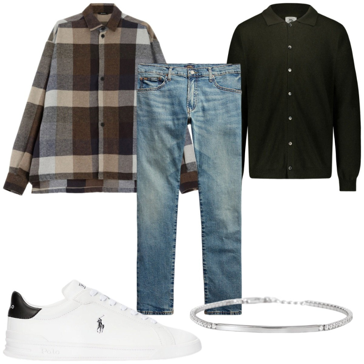 Outfit uomo - Total look #1932173. Stile Trendy per Tutti i giorni. Abbinamento con braccialetti, camicie, jeans, sneakers, polo.