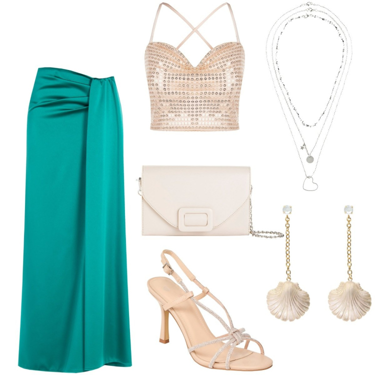 Outfit donna - Gonna in raso verde. Stile Glamour per Serata fuori. Abbinamento con collane, pochette, sandali col tacco, gonne lunghe, top, orecchini.