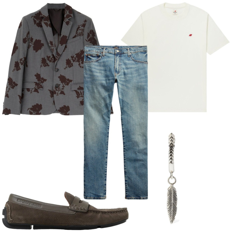 Outfit uomo - Total look #1932282. Stile Trendy per Tutti i giorni. Abbinamento con t-shirt, giacche, jeans, orecchini, scarpe stringate.