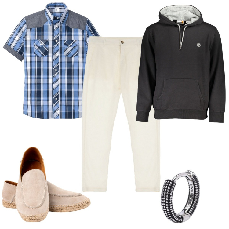 Outfit uomo - Total look #1932284. Stile Trendy per Tutti i giorni. Abbinamento con camicie a manica corta, orecchini, pantaloni, felpe con cappuccio, espadrillas.