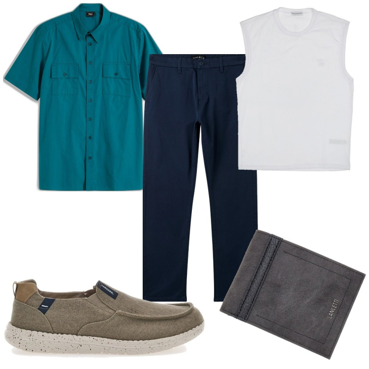 Outfit uomo - Total look #1932286. Stile Trendy per Tutti i giorni. Abbinamento con camicie a manica corta, pantaloni chino, t-shirt, scarpe stringate, portafogli.