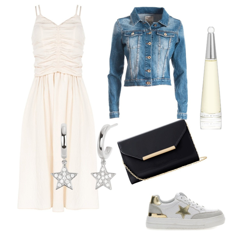 Outfit donna - Catch the Stars. Stile Romantica per Serata fuori. Abbinamento con pochette, profumi, orecchini, vestiti midi/longuette, blazer, sneakers.