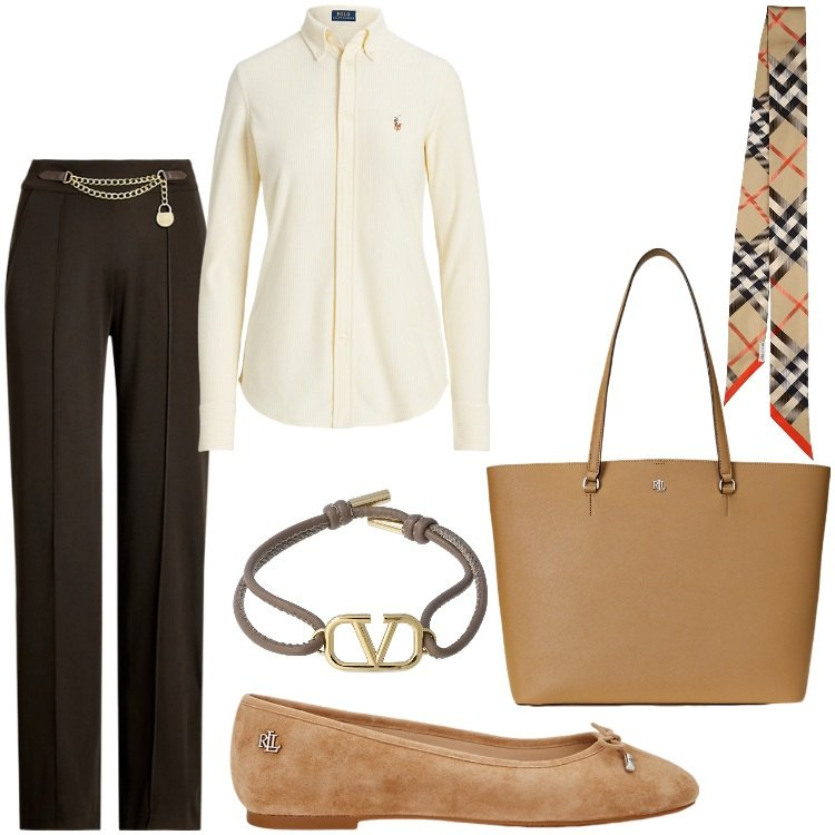 Outfit donna - Riunione importante. Stile Casual per Ufficio. Abbinamento con ballerine, borse tote, camicie, pantaloni, braccialetti, foulard.