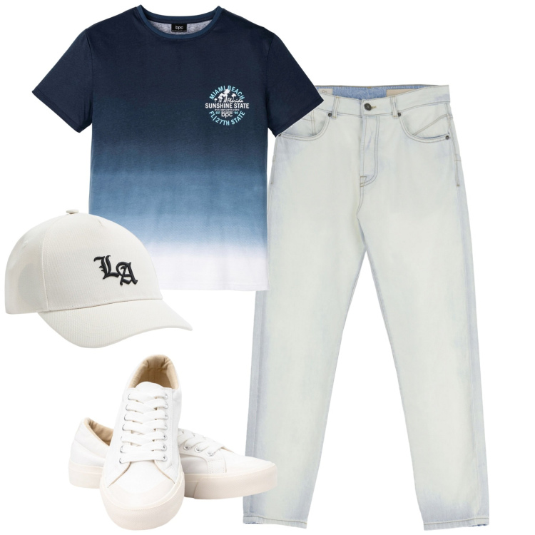 Outfit uomo - In viaggio. Stile Casual per Tutti i giorni. Abbinamento con t-shirt, cappelli, jeans slim fit, sneakers.