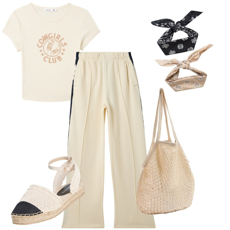 Outfit donna - Vacanze in riviera. Stile Sporty chic per Tutti i giorni. Abbinamento con t-shirt, pantaloni, espadrillas, borse a spalla, fasce per capelli.