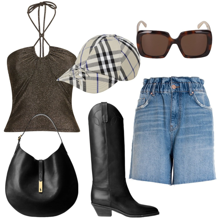 Outfit donna - I trend di stagione. Stile Trendy per Tutti i giorni. Abbinamento con bermuda, borse a spalla, stivali, occhiali da sole, cappelli, top.